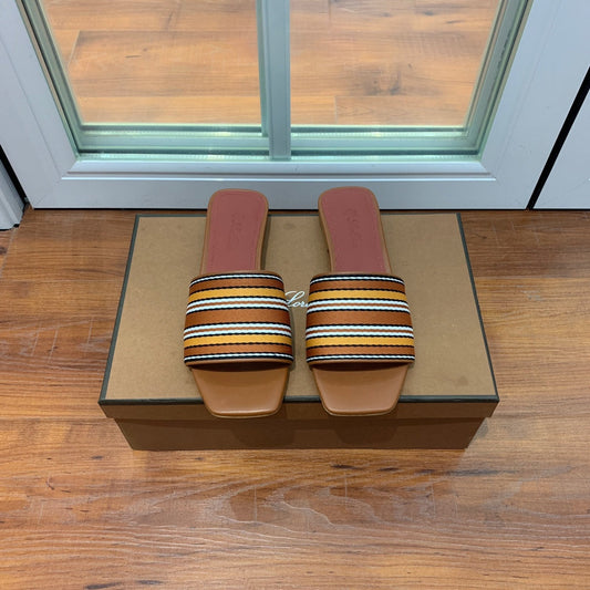 Suitcase Stripe Flat Sandals Brown Maroon Leather