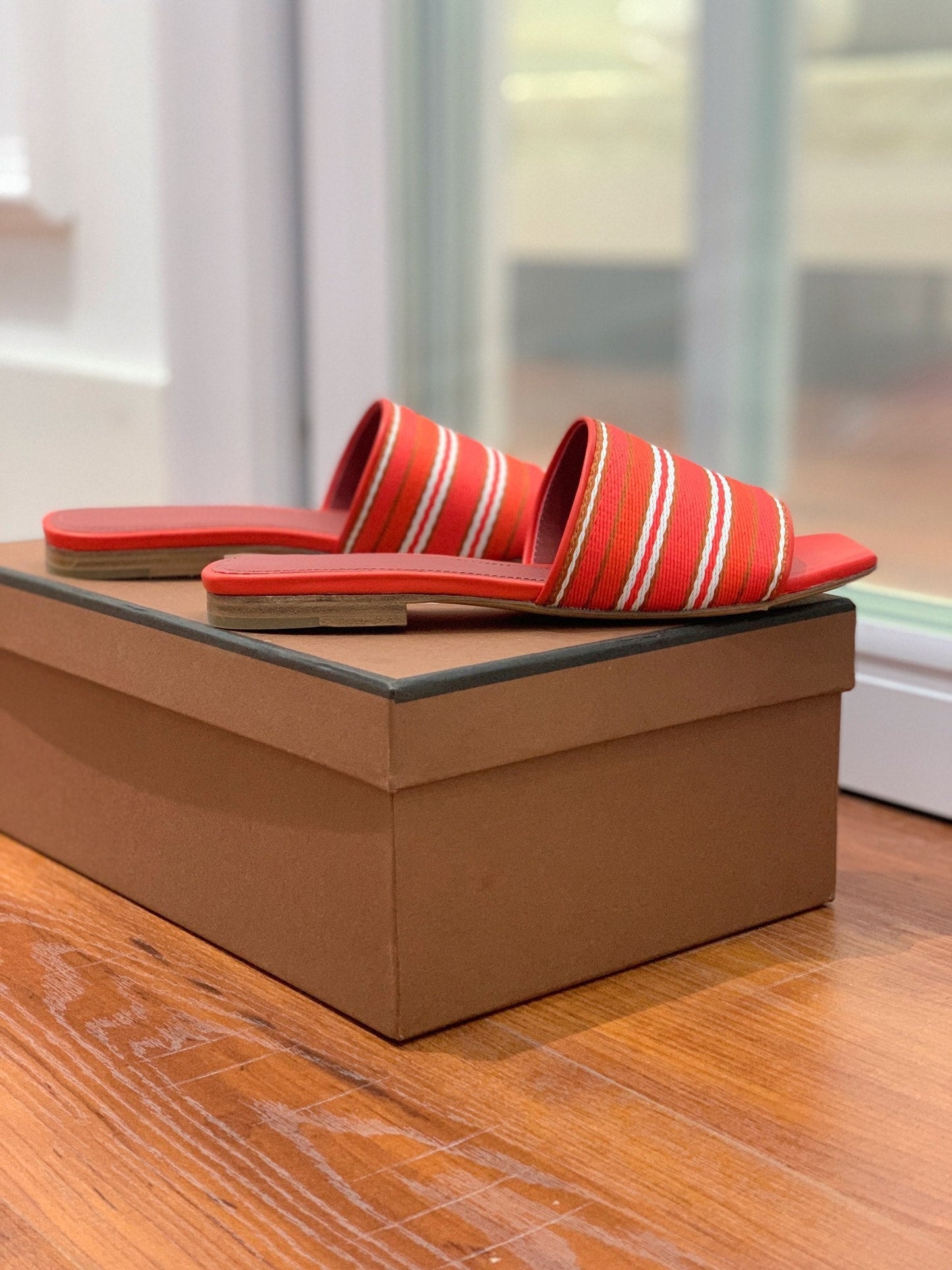 Suitcase Stripe Flat Sandals Red Maroon Leather