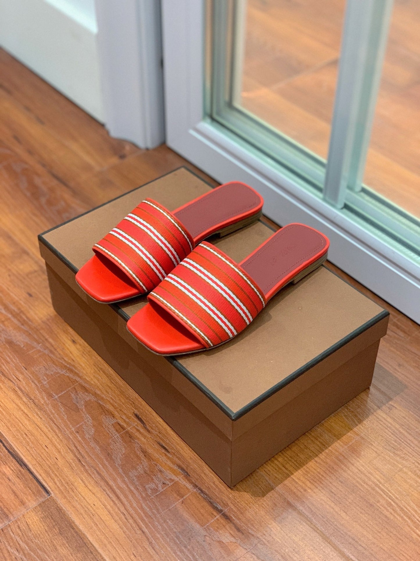 Suitcase Stripe Flat Sandals Red Maroon Leather