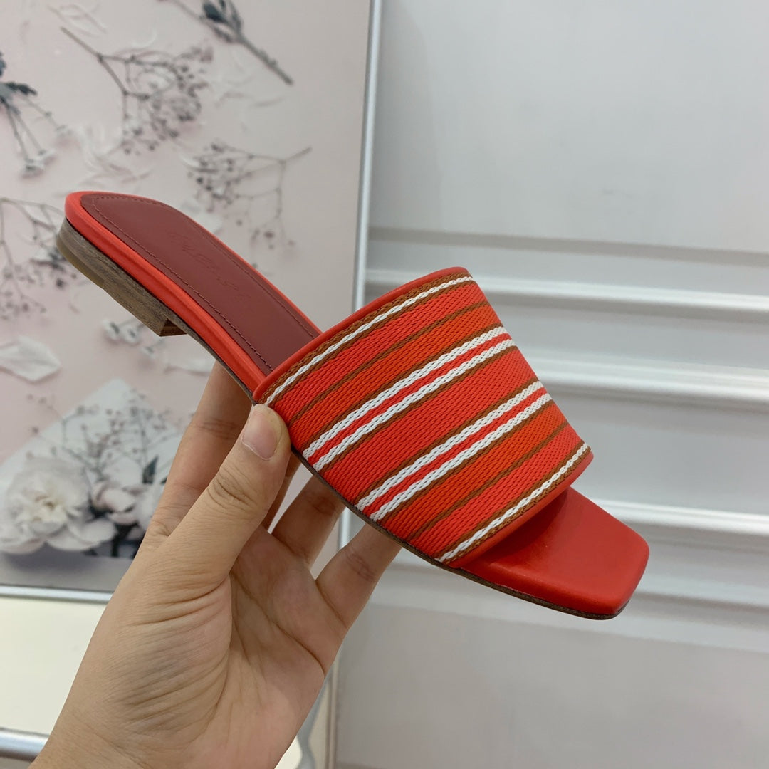 Suitcase Stripe Flat Sandals Red Maroon Leather