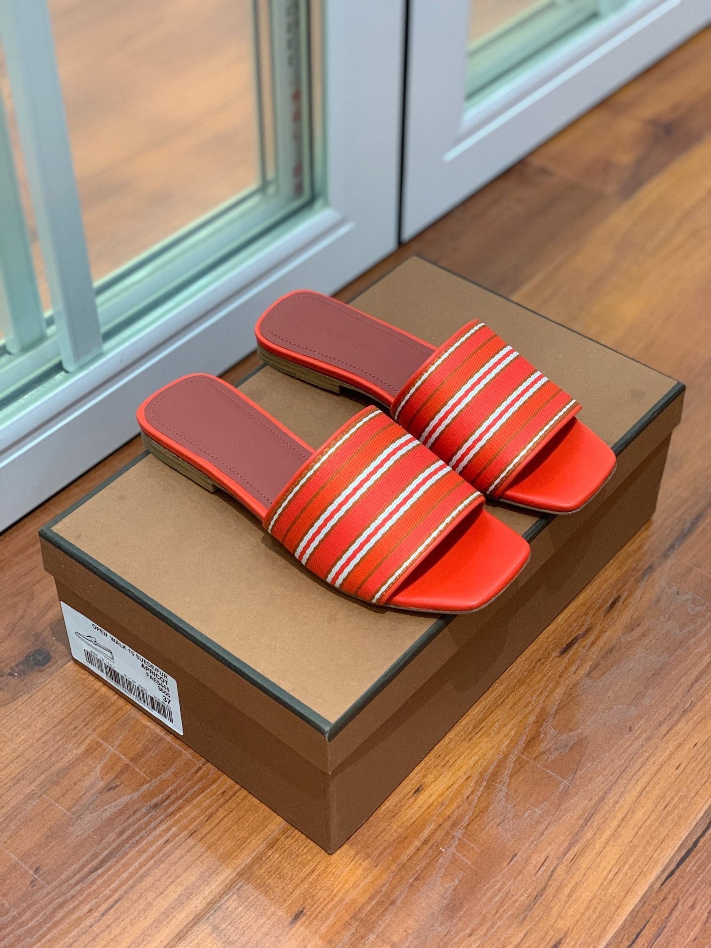 Suitcase Stripe Flat Sandals Red Maroon Leather