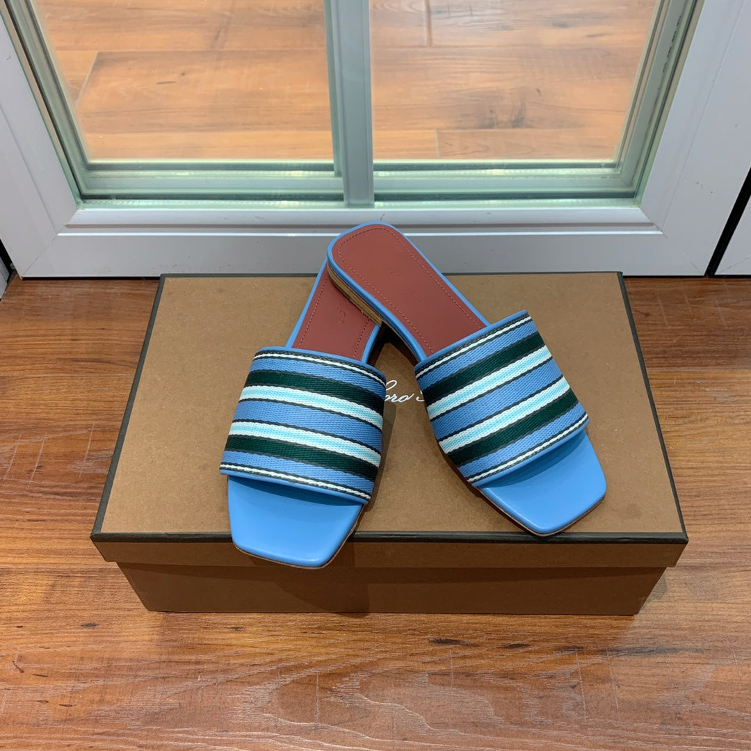 Suitcase Stripe Flat Sandals Blue Maroon Leather