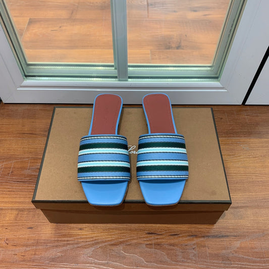 Suitcase Stripe Flat Sandals Blue Maroon Leather