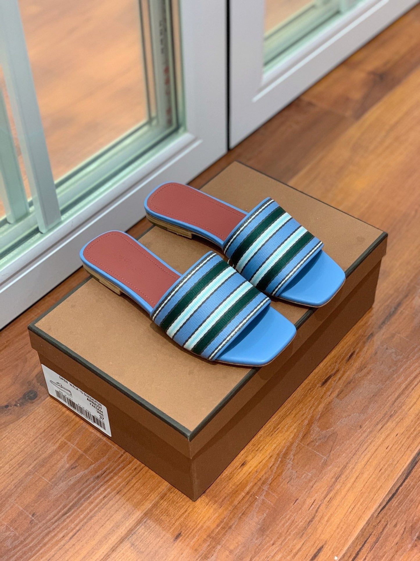 Suitcase Stripe Flat Sandals Blue Maroon Leather