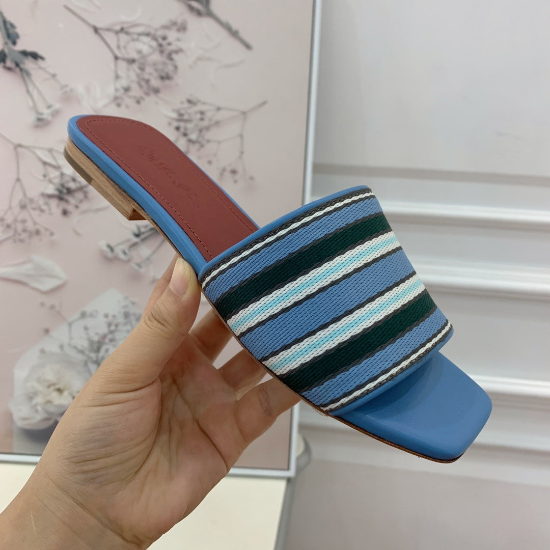 Suitcase Stripe Flat Sandals Blue Maroon Leather