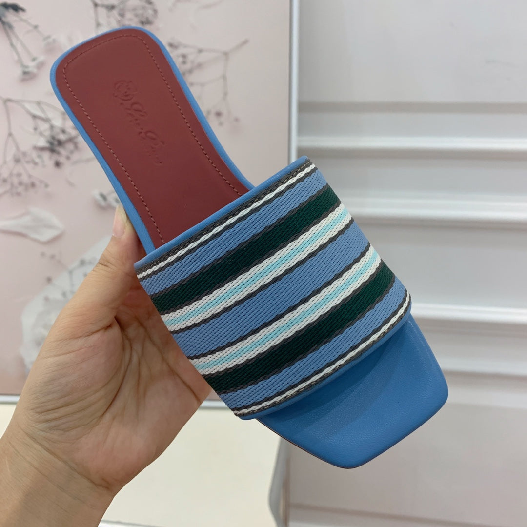 Suitcase Stripe Flat Sandals Blue Maroon Leather