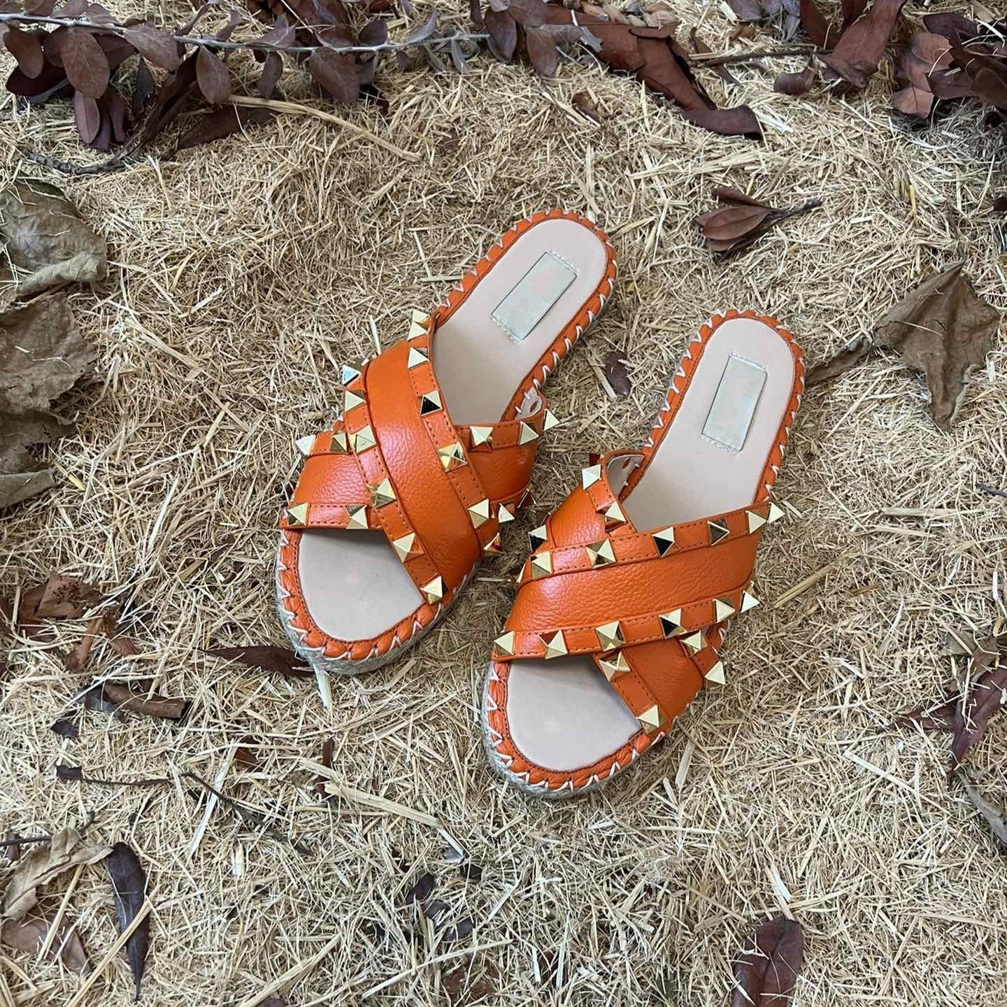 Rockstud Crisscross Espadrilles 20mm Sandal Wedges Orange