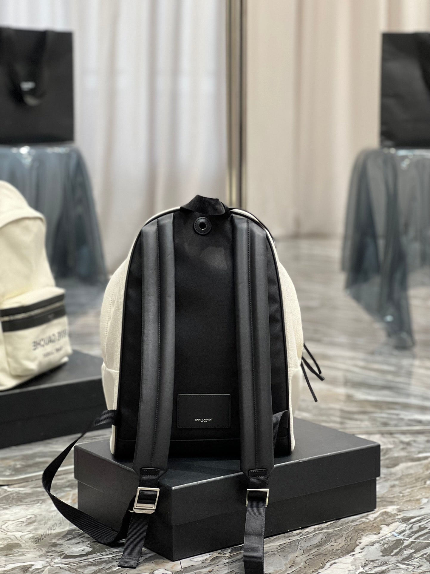 RIVE GAUCHE BACKPACK 35 IN WHITE CANVAS MIX BLACK CALFSKIN