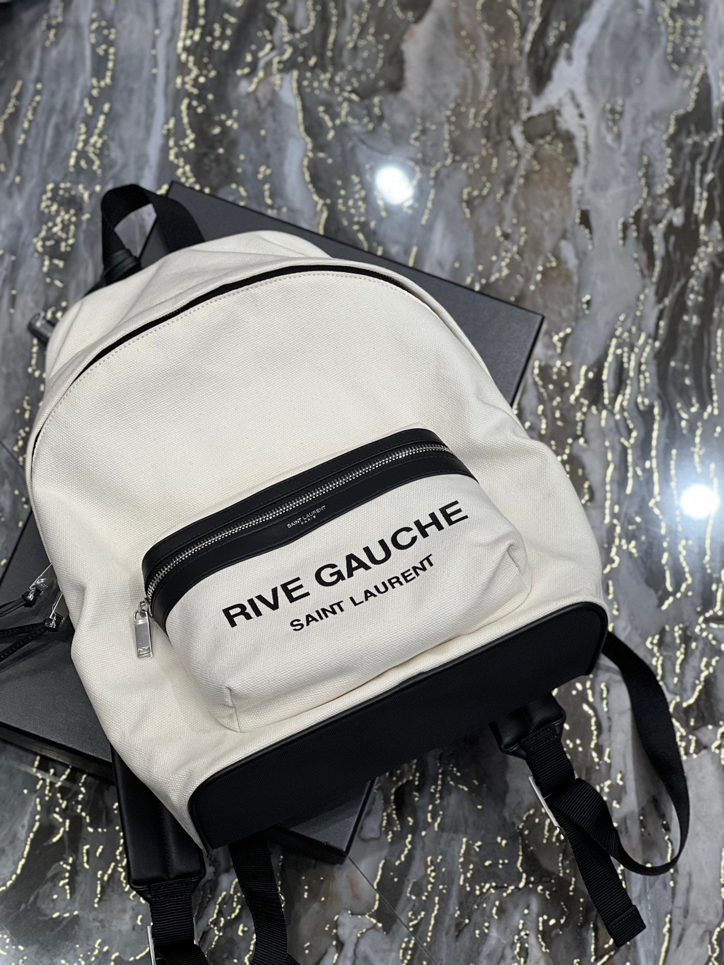 RIVE GAUCHE BACKPACK 35 IN WHITE CANVAS MIX BLACK CALFSKIN