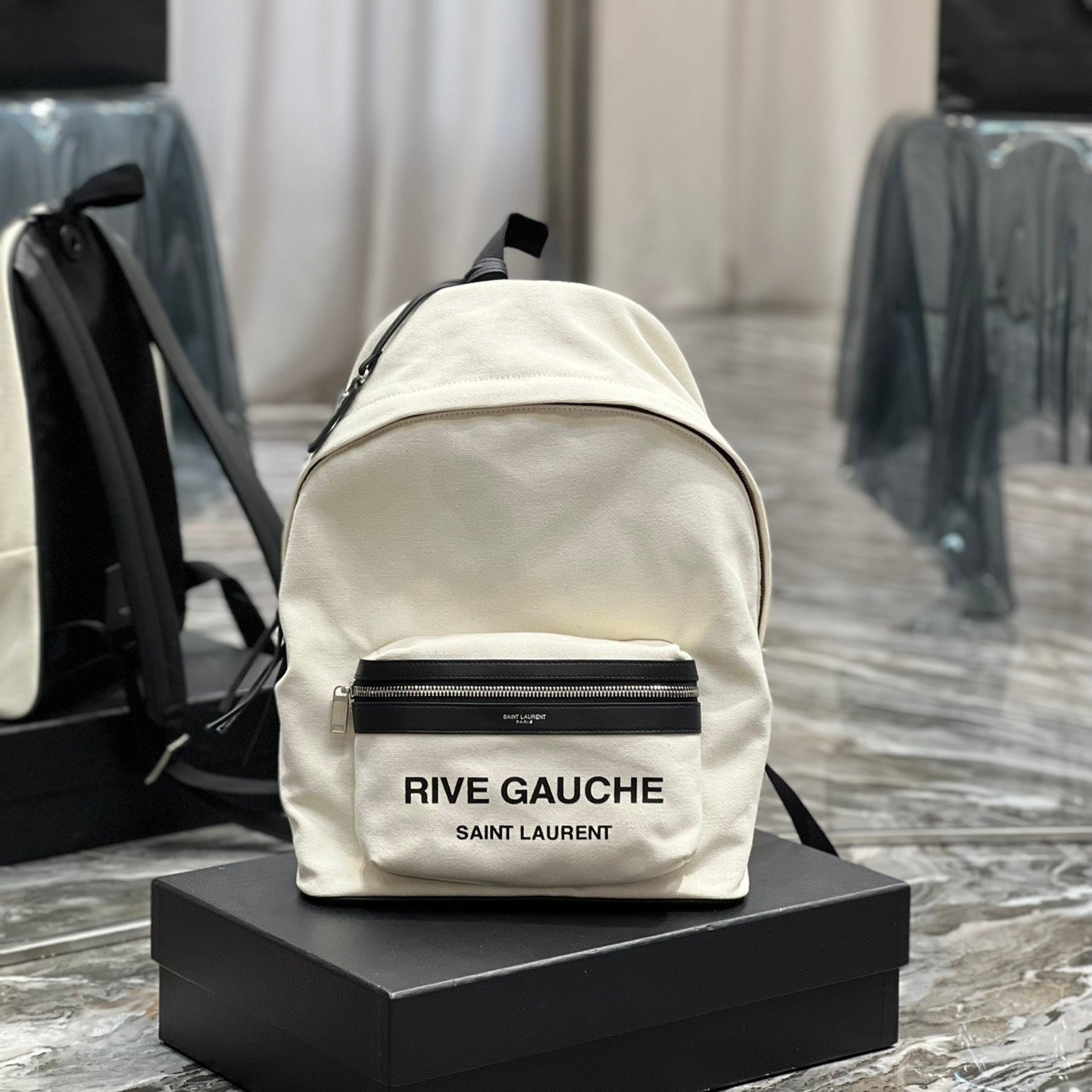 RIVE GAUCHE BACKPACK 35 IN WHITE CANVAS MIX BLACK CALFSKIN