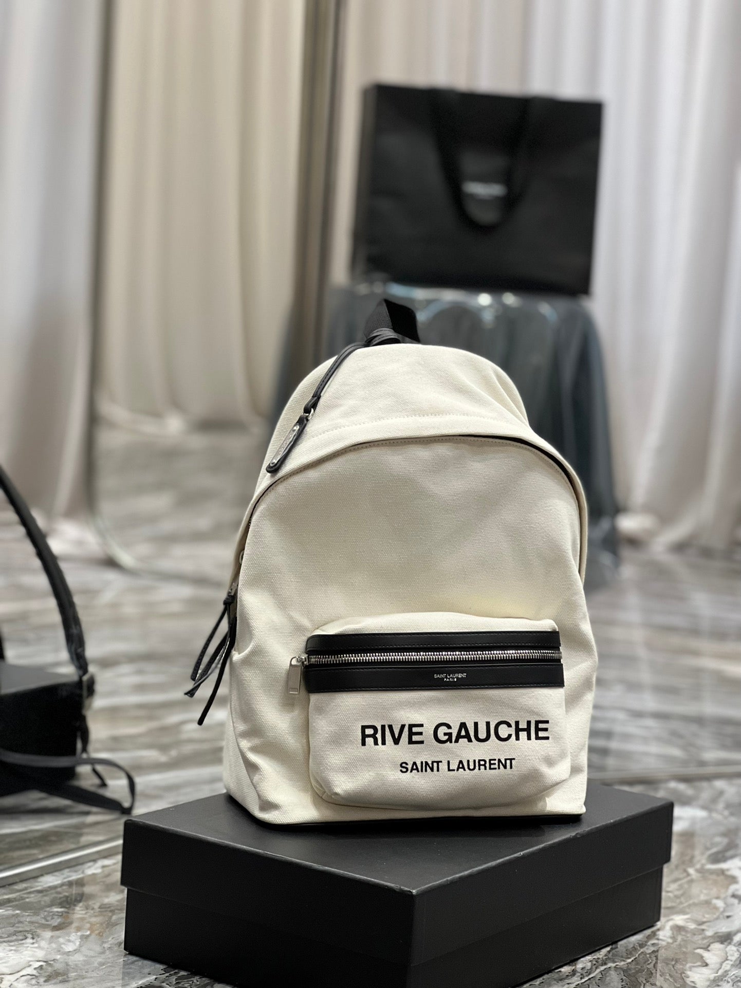 RIVE GAUCHE BACKPACK 35 IN WHITE CANVAS MIX BLACK CALFSKIN