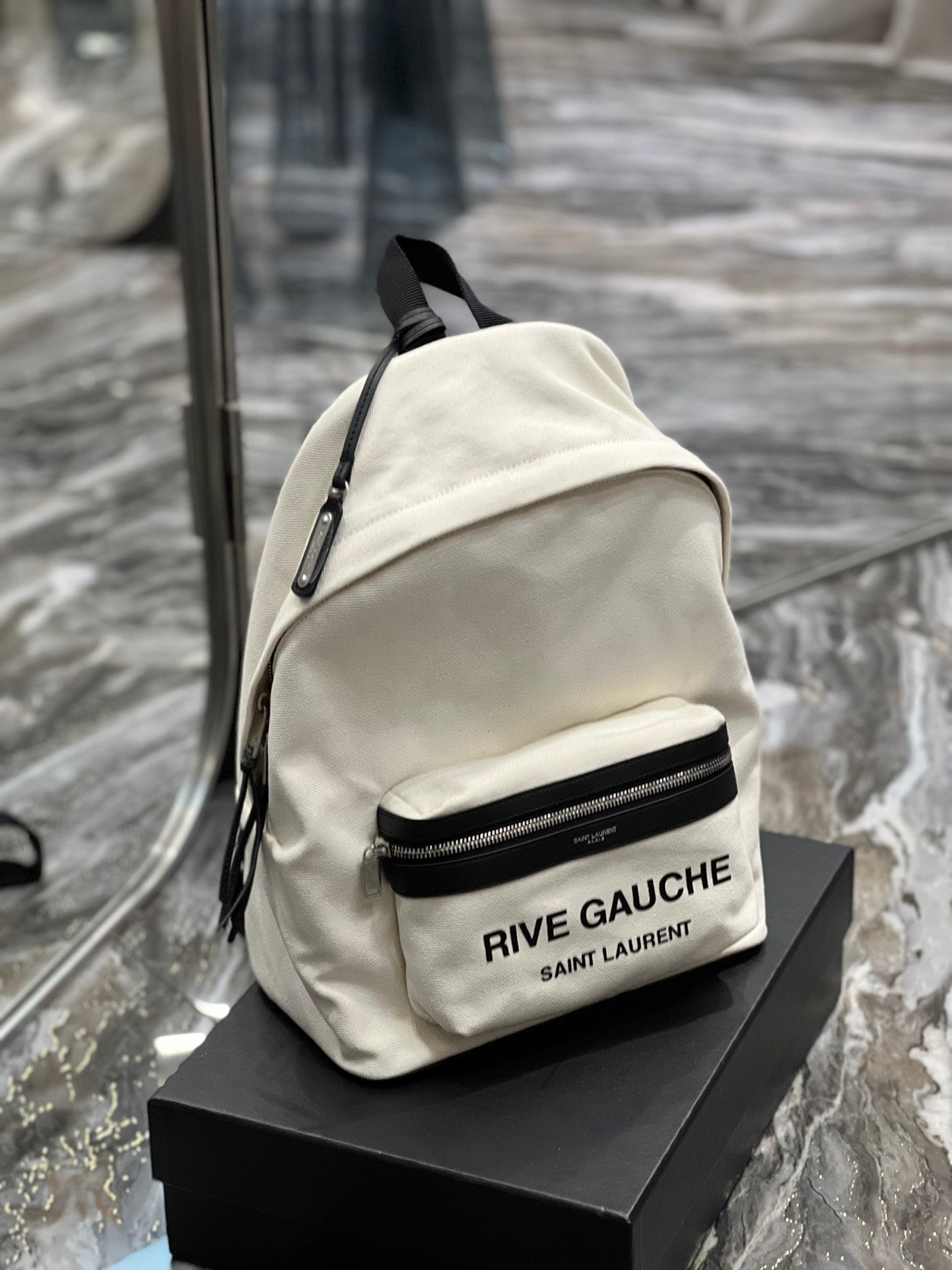 RIVE GAUCHE BACKPACK 35 IN WHITE CANVAS MIX BLACK CALFSKIN