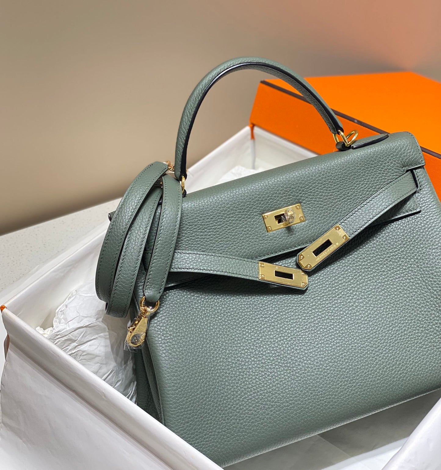 hm kelly 32cm almond green togo leather gold hardware