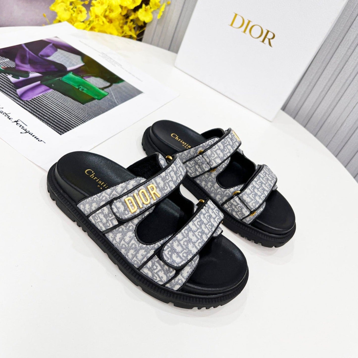 cd dioract dad sandal mule grey embroidered cotton