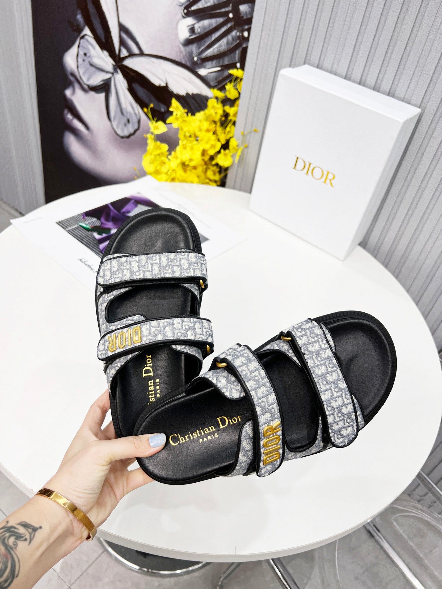 cd dioract dad sandal mule grey embroidered cotton