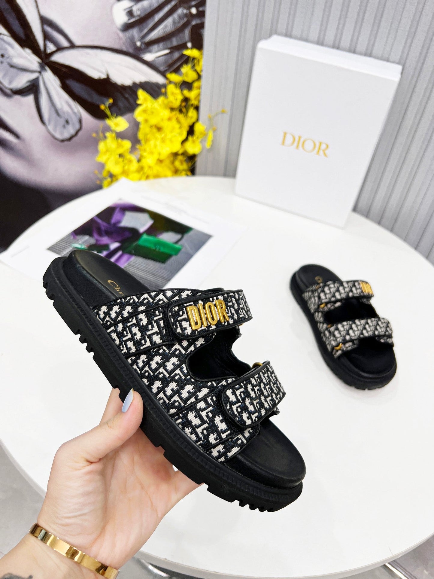 cd dioract dad sandal mule black embroidered cotton