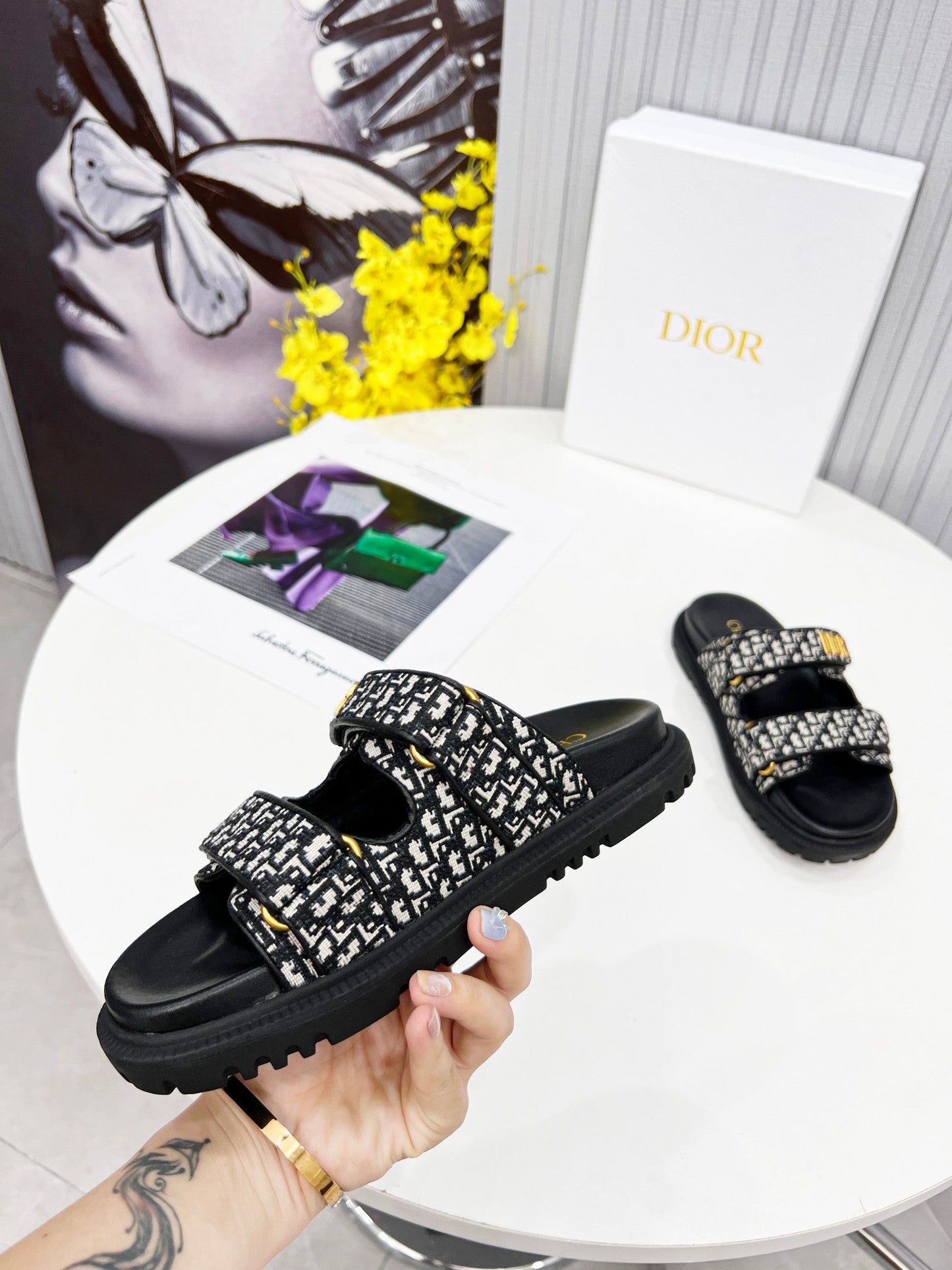 cd dioract dad sandal mule black embroidered cotton