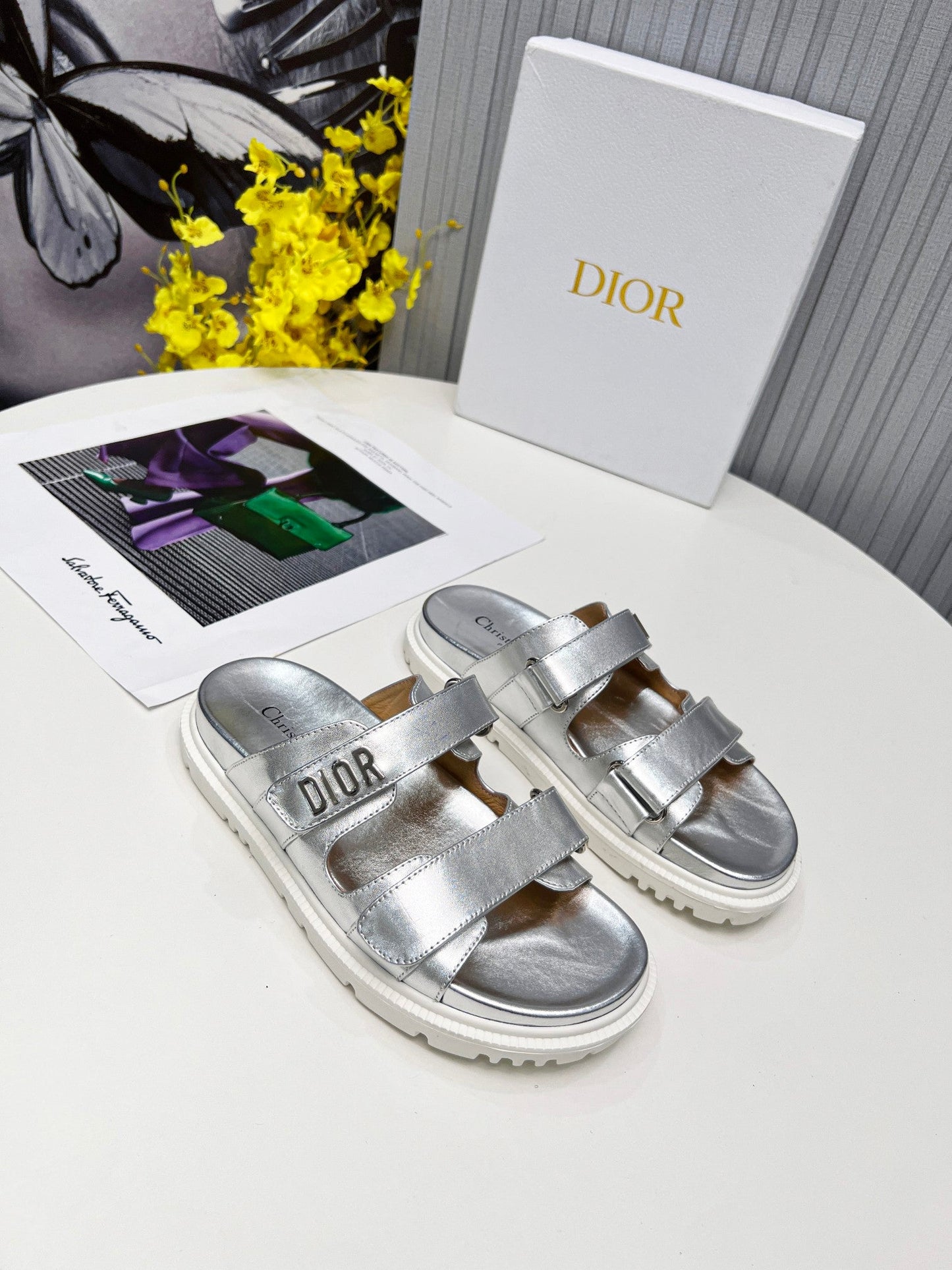 cd dioract dad sandal mule silver metalic lambskin