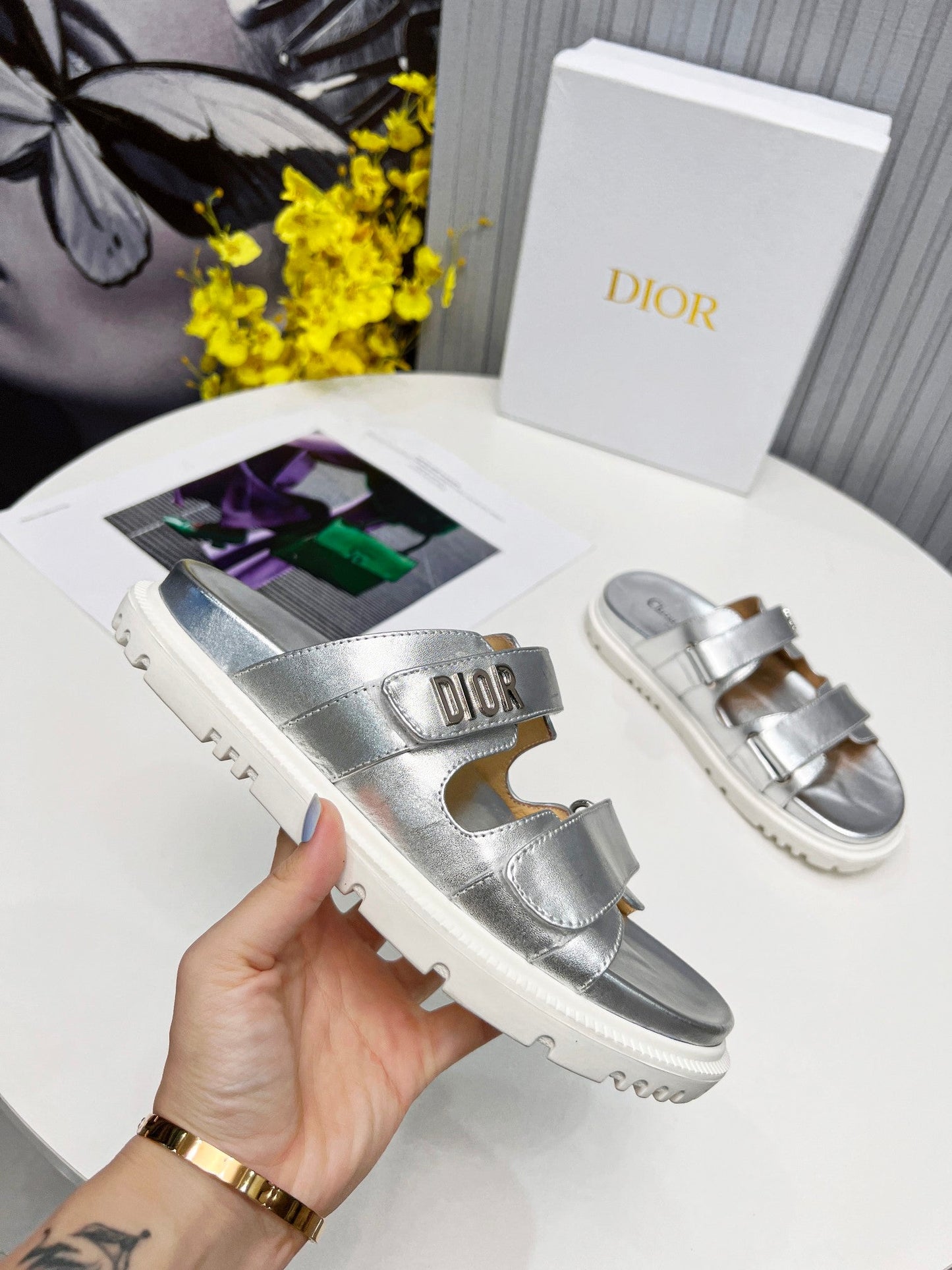 cd dioract dad sandal mule silver metalic lambskin