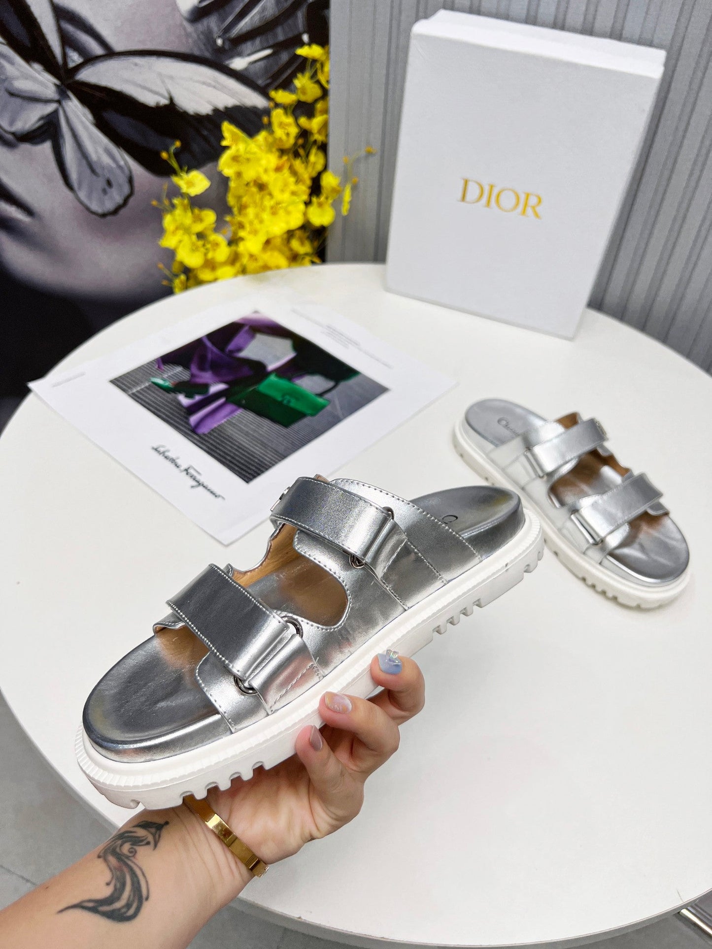 cd dioract dad sandal mule silver metalic lambskin