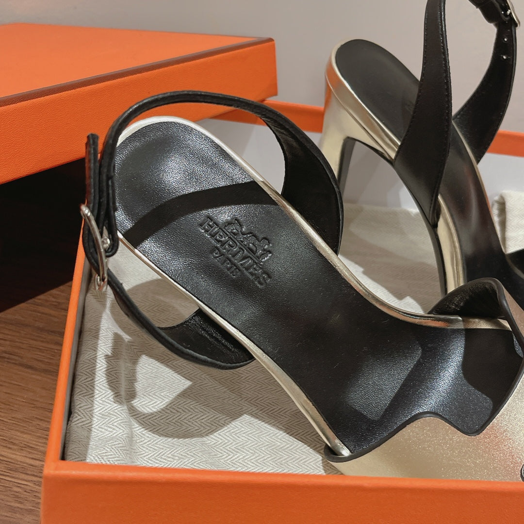 SLINGBACK SANDAL ETERNITE 105 BLACK MIX SILVER LAMBSKIN