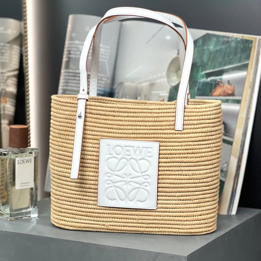 SMALL SQUARE  28 BASKET BAG IN RAFFIA AND WHITE CALFSKIN