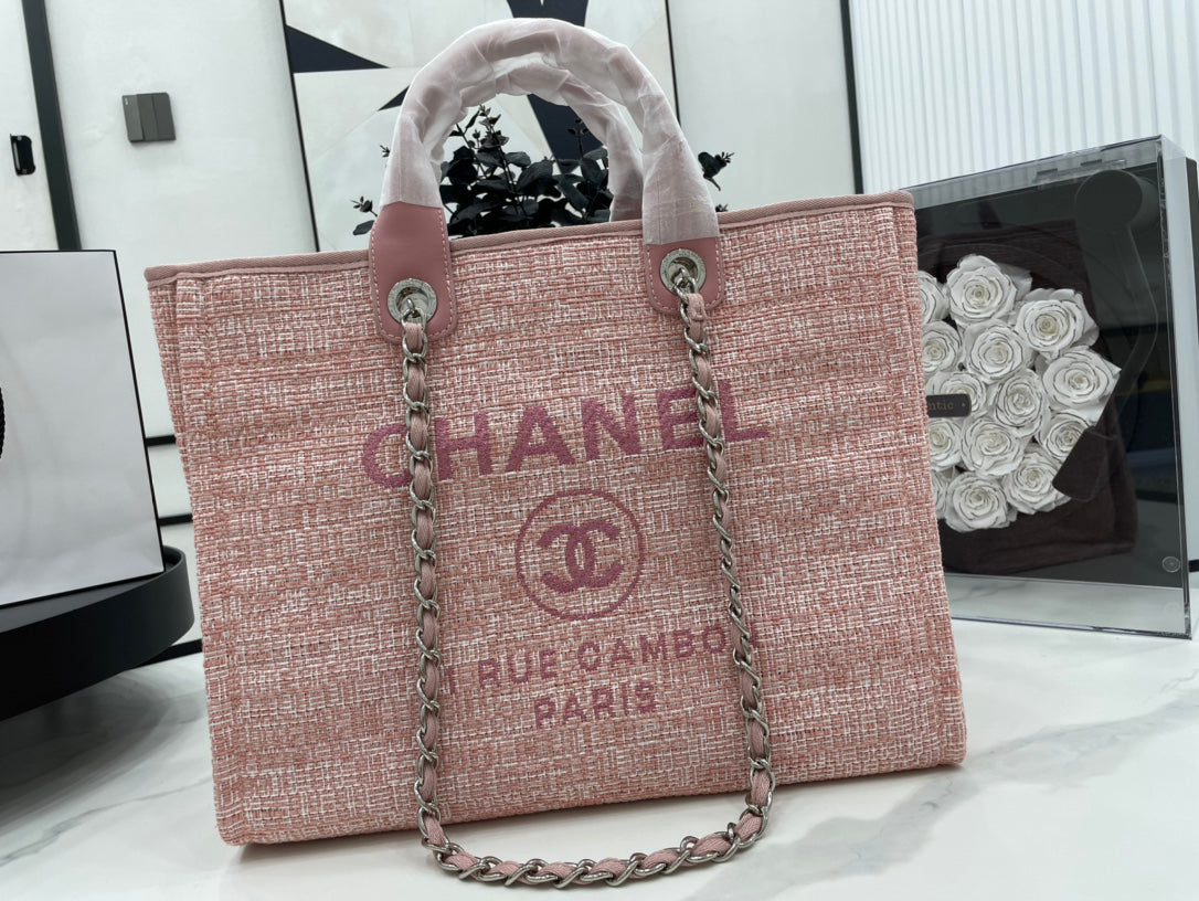 CC Deauville Tweed Bag Pink Leather Silver Hardware 6