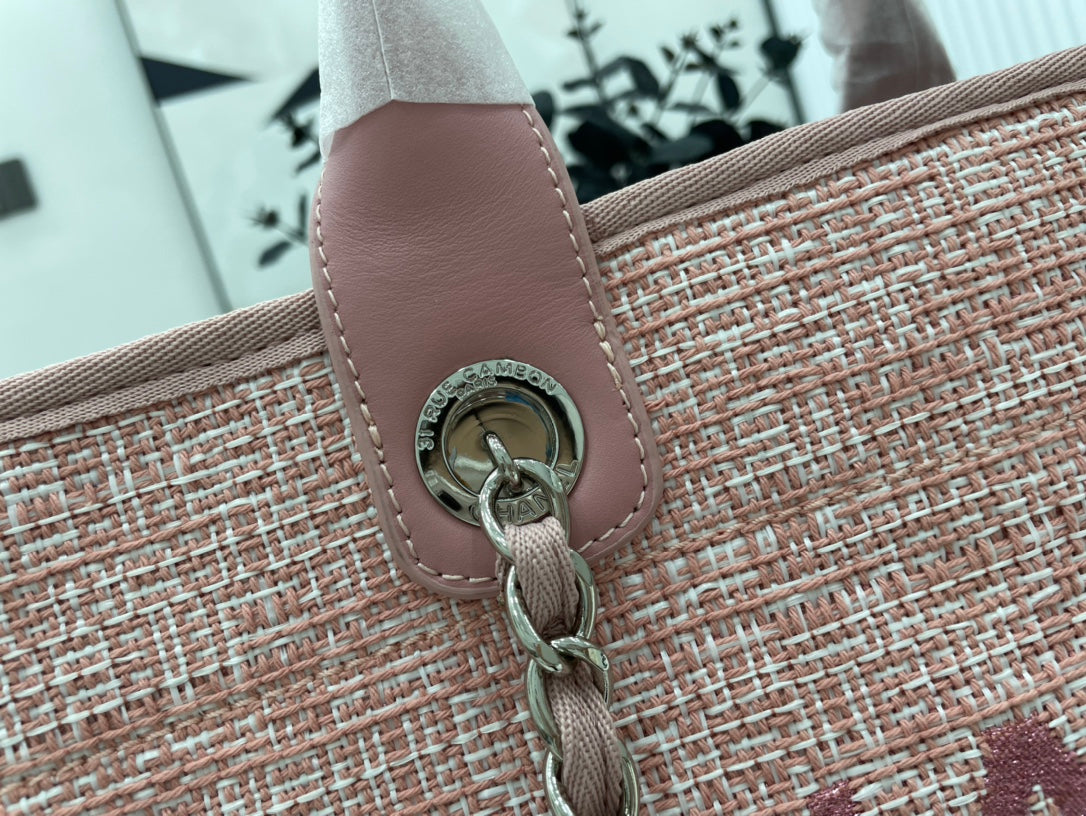 CC Deauville Tweed Bag Pink Leather Silver Hardware 6