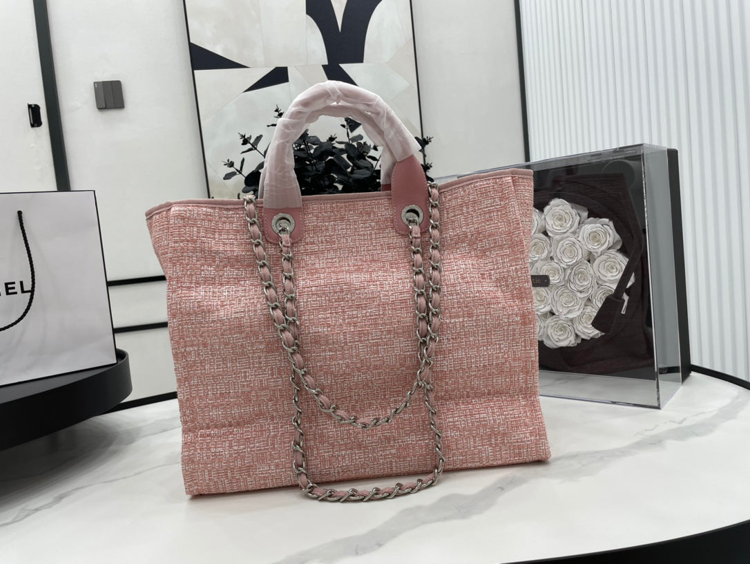 CC Deauville Tweed Bag Pink Leather Silver Hardware 6