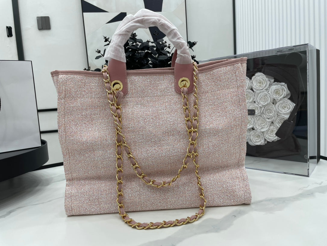 CC Deauville Tweed Bag Pink Leather Gold Hardware 3