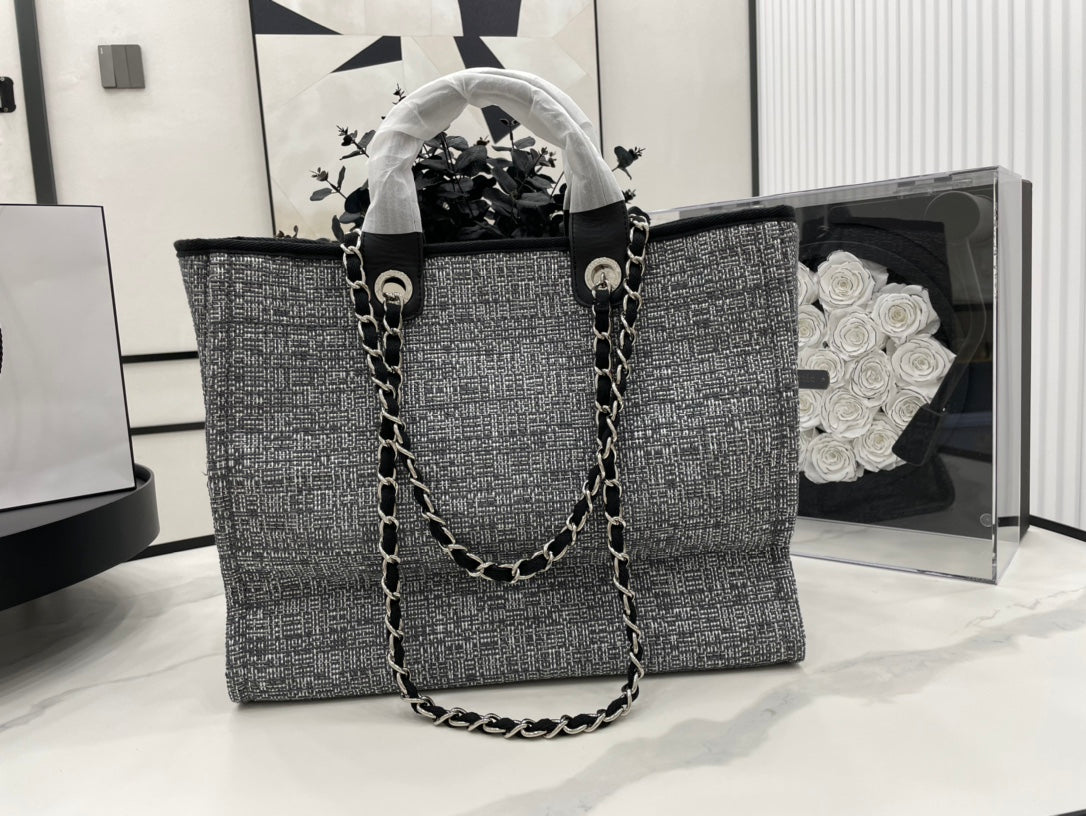 CC Deauville Tweed Bag Black Leather Silver Hardware 8