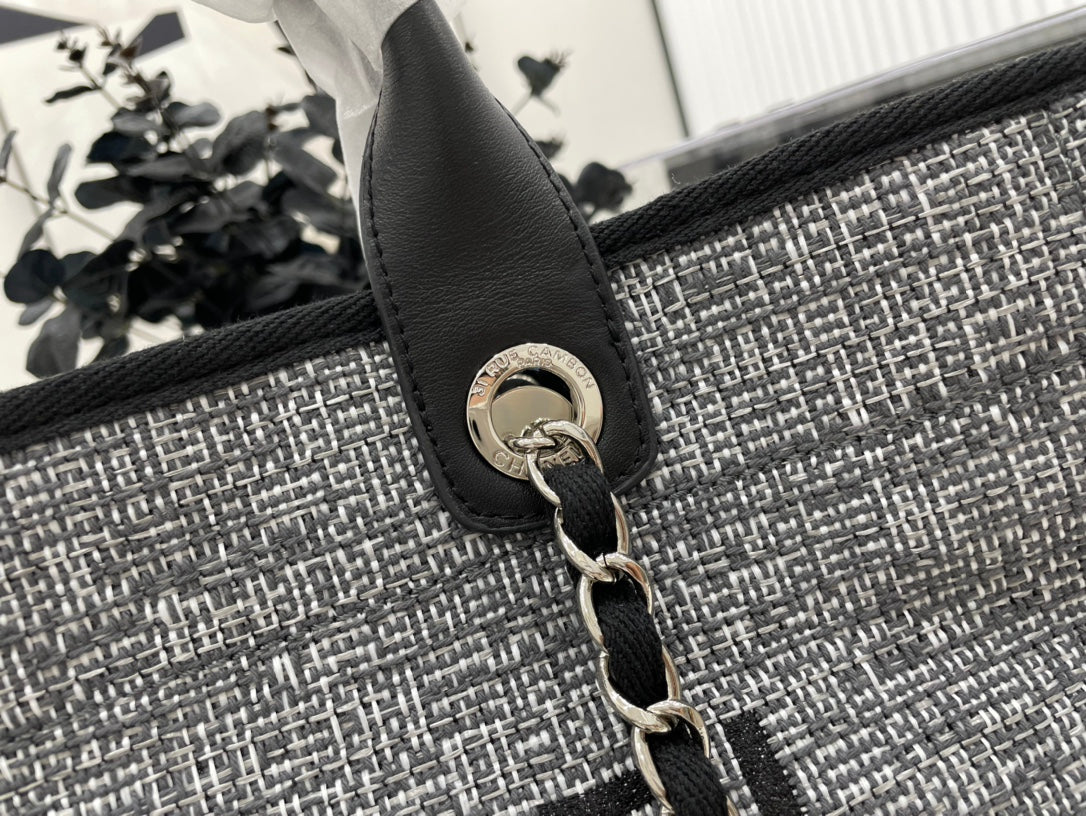 CC Deauville Tweed Bag Black Leather Silver Hardware 8