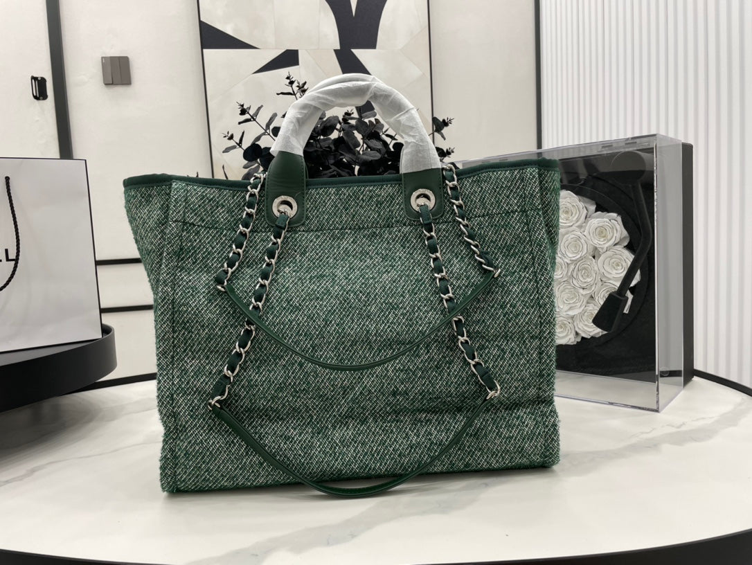 CC Deauville Tweed Bag Green Leather Silver Hardware 10