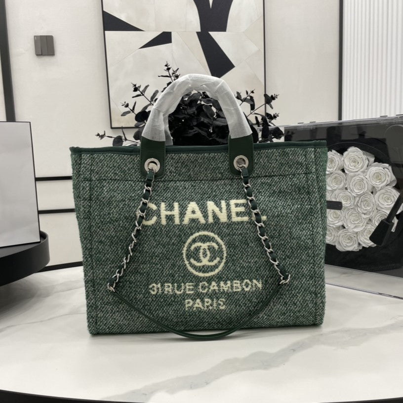 CC Deauville Tweed Bag Green Leather Silver Hardware 10