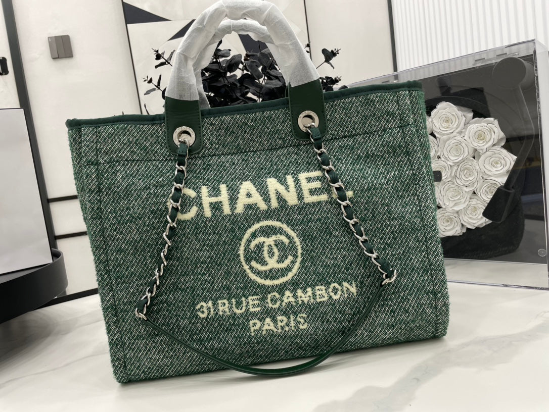 CC Deauville Tweed Bag Green Leather Silver Hardware 10