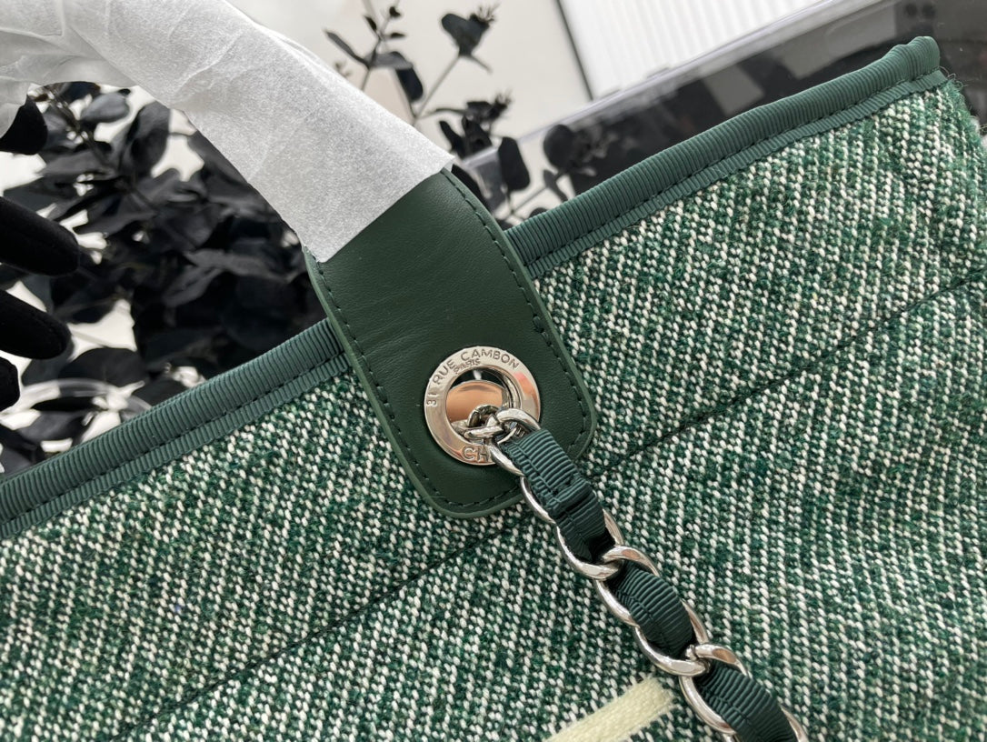 CC Deauville Tweed Bag Green Leather Silver Hardware 10