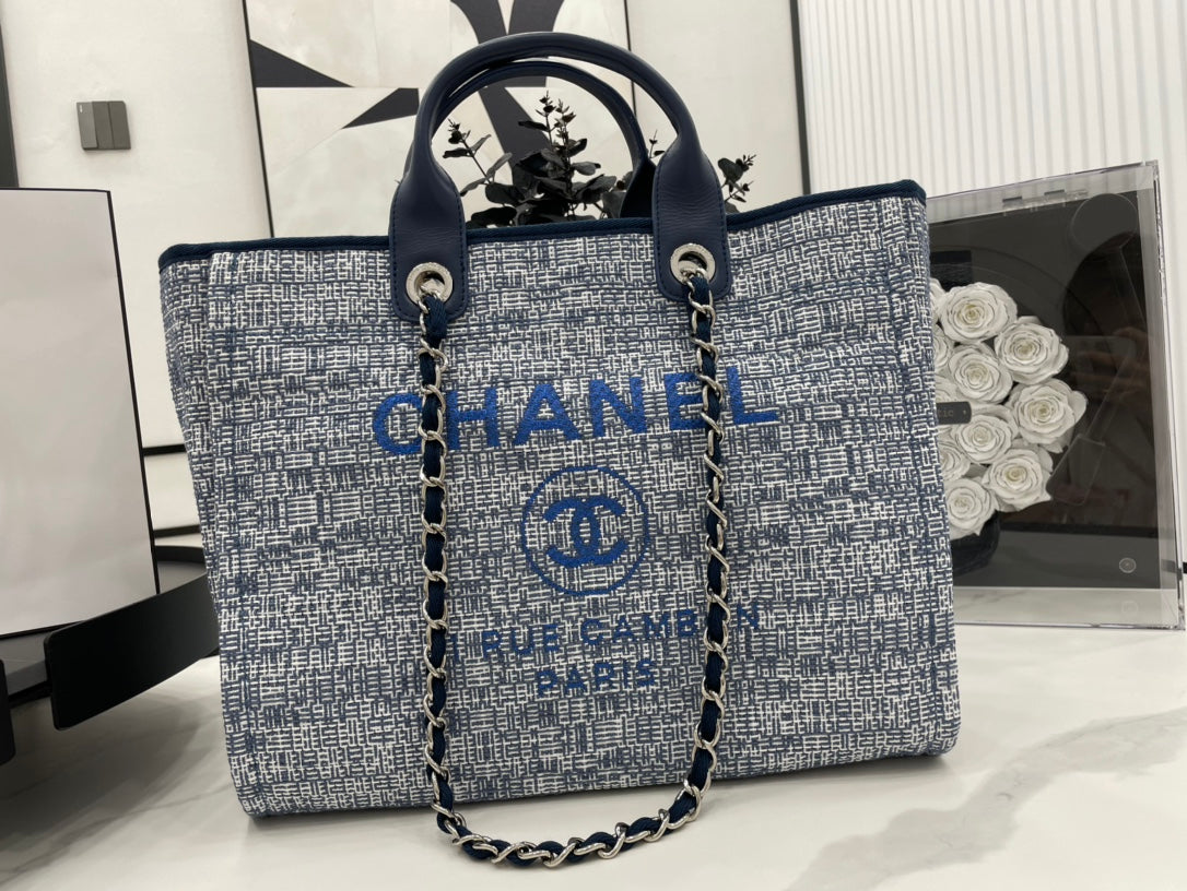 CC Deauville Tweed Bag Blue Leather Silver Hardware 5