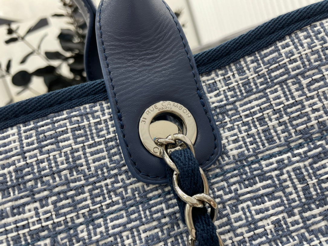 CC Deauville Tweed Bag Blue Leather Silver Hardware 5