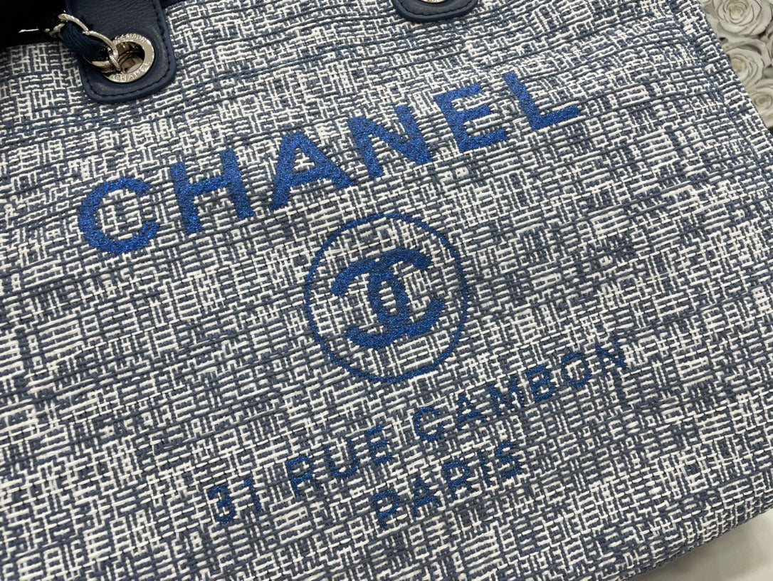 CC Deauville Tweed Bag Blue Leather Silver Hardware 5