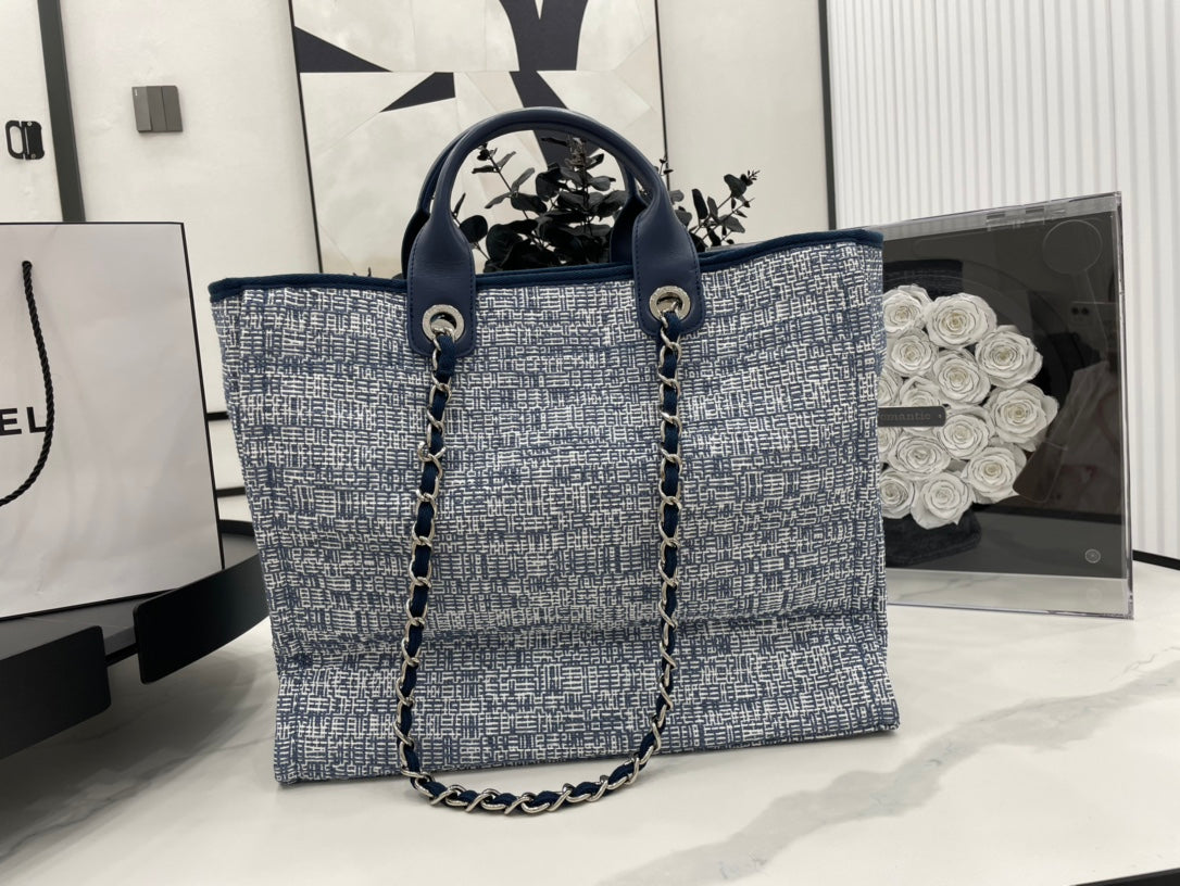 CC Deauville Tweed Bag Blue Leather Silver Hardware 5