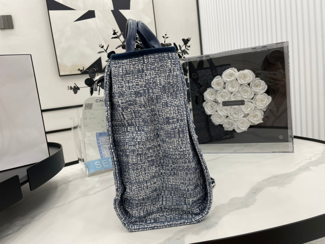 CC Deauville Tweed Bag Blue Leather Silver Hardware 5