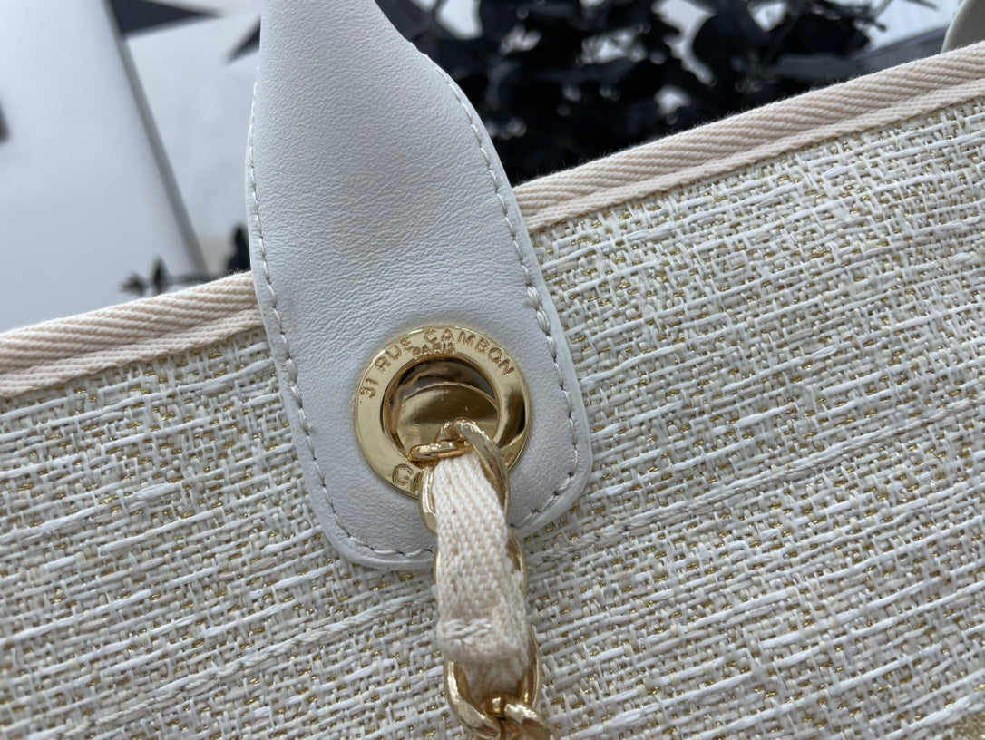 CC Deauville Tweed Bag White Leather Gold Hardware 4