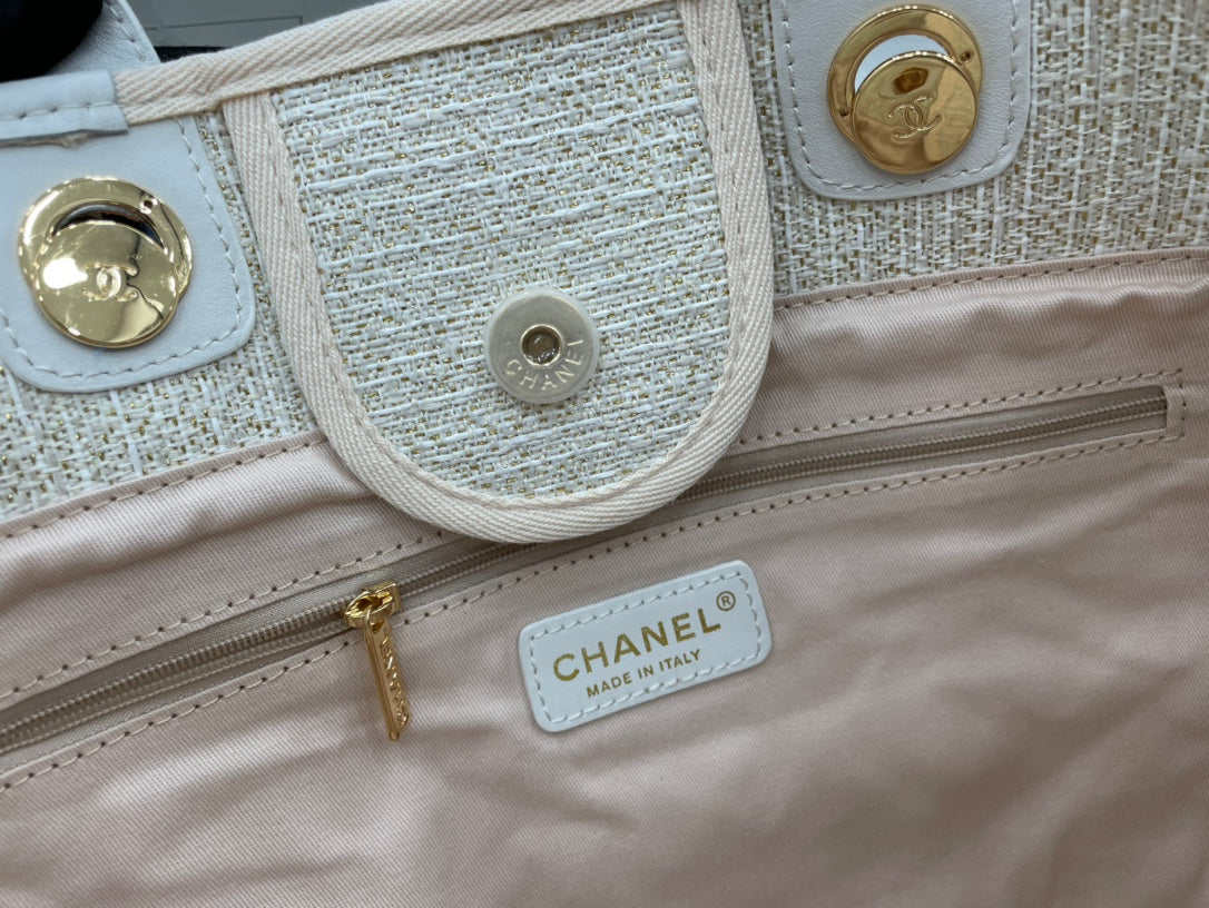 CC Deauville Tweed Bag White Leather Gold Hardware 4