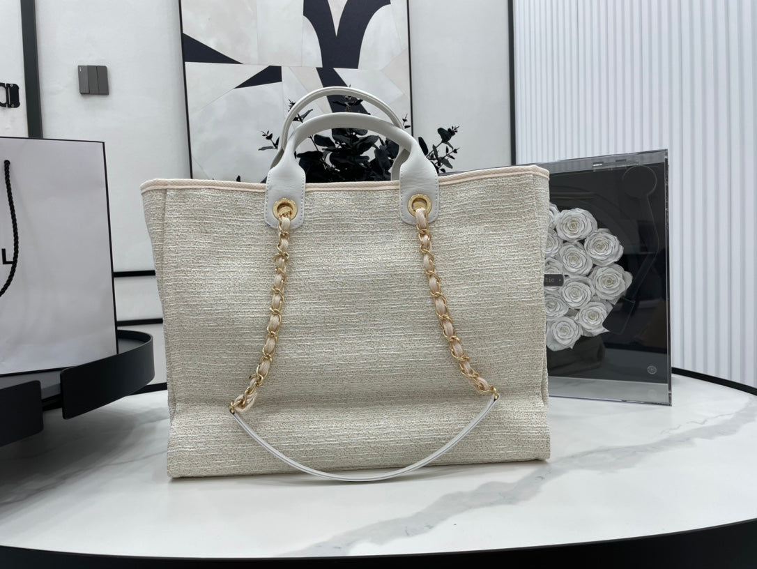 CC Deauville Tweed Bag White Leather Gold Hardware 4