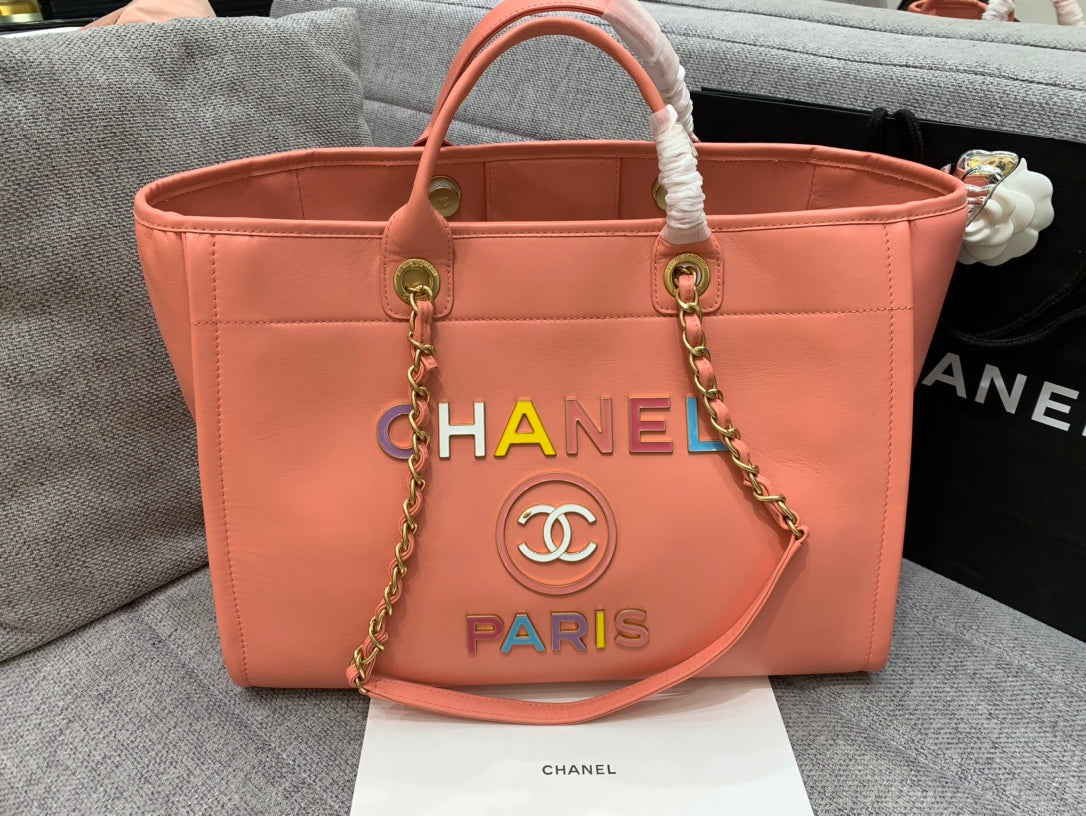 CC DEAUVILLE TOTE BAG 39CM ORANGE CALFSKIN MULTICOLOR LOGO