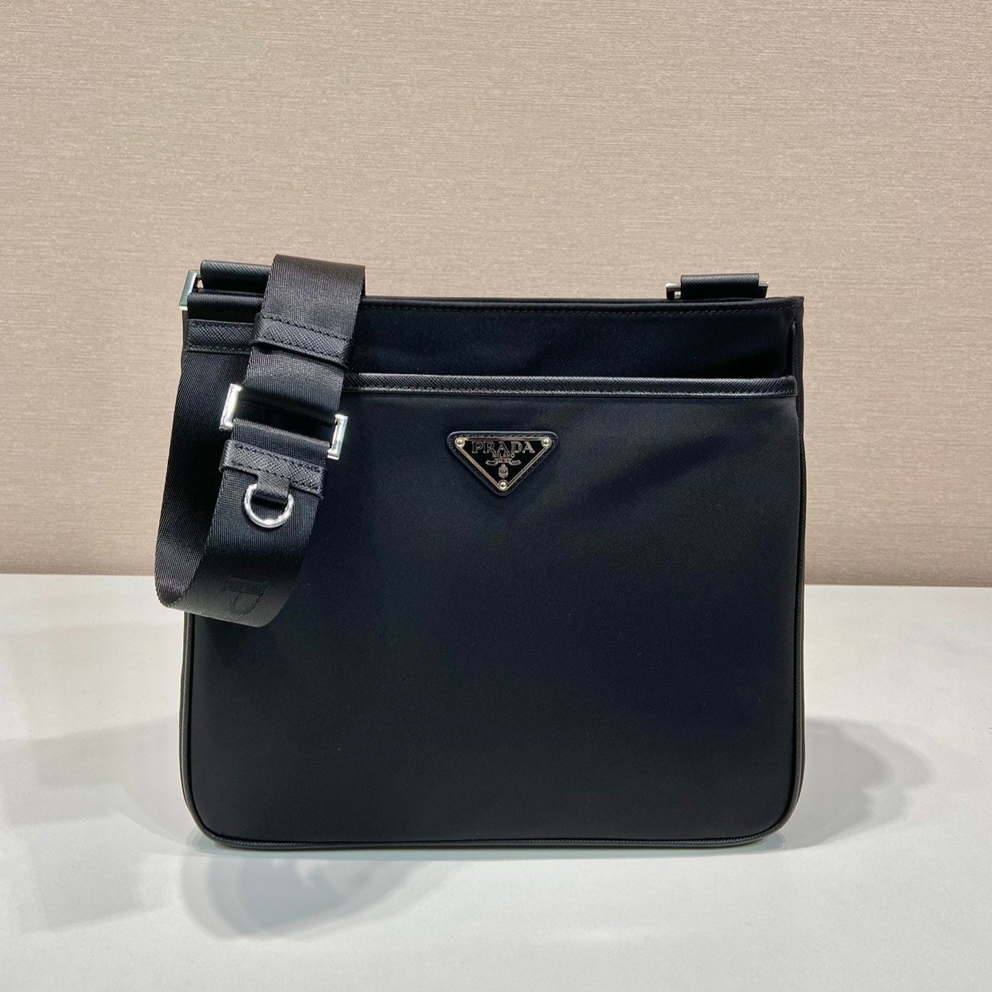 SQUARE BAG 28 IN BLACK RE-NYLON AND SAFFIANO LEATHER TRIM