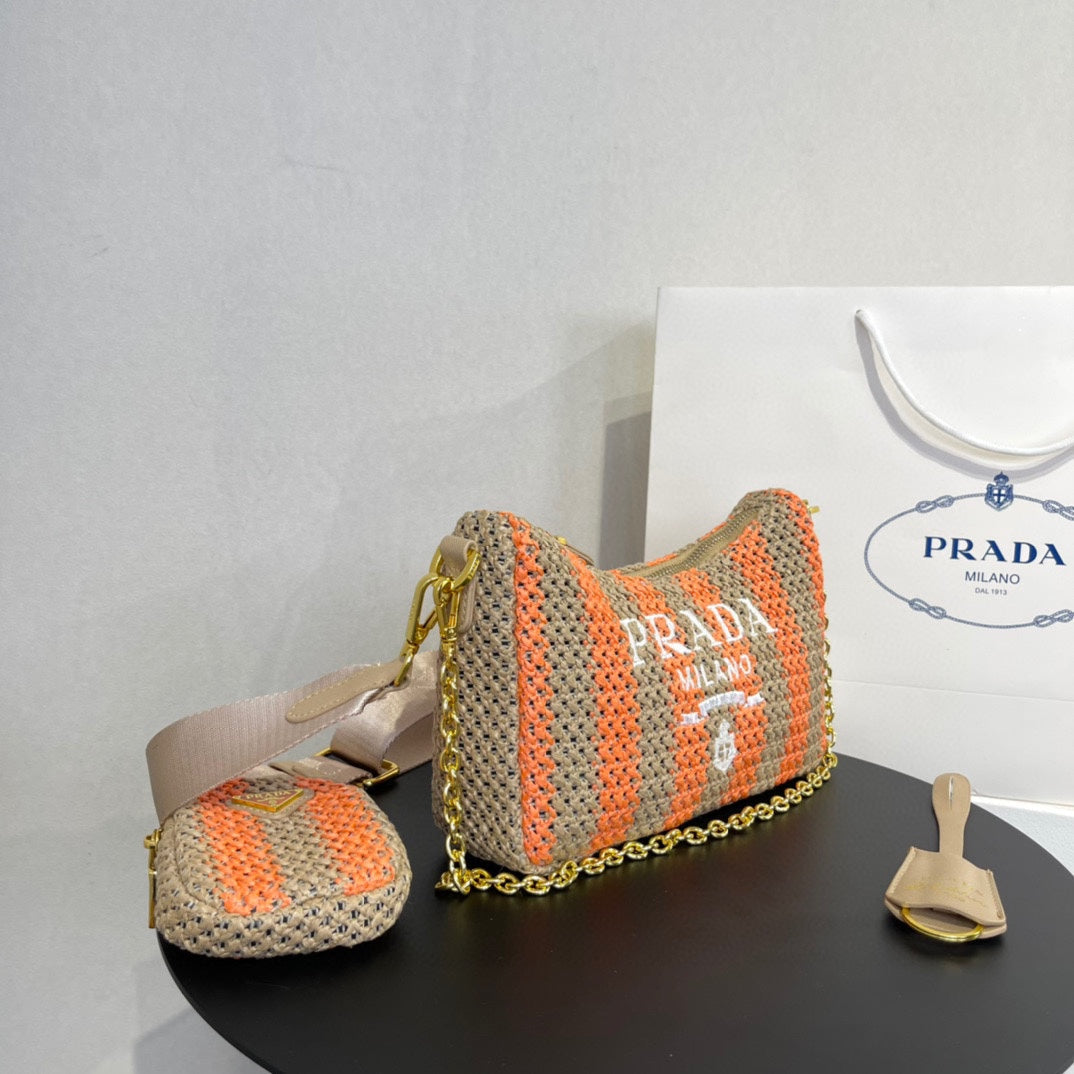 PRA HOBO BAG 23 IN BEIGE MIX ORANGE RAFFIA WITH WHITE LOGO GOLD HARDWARE