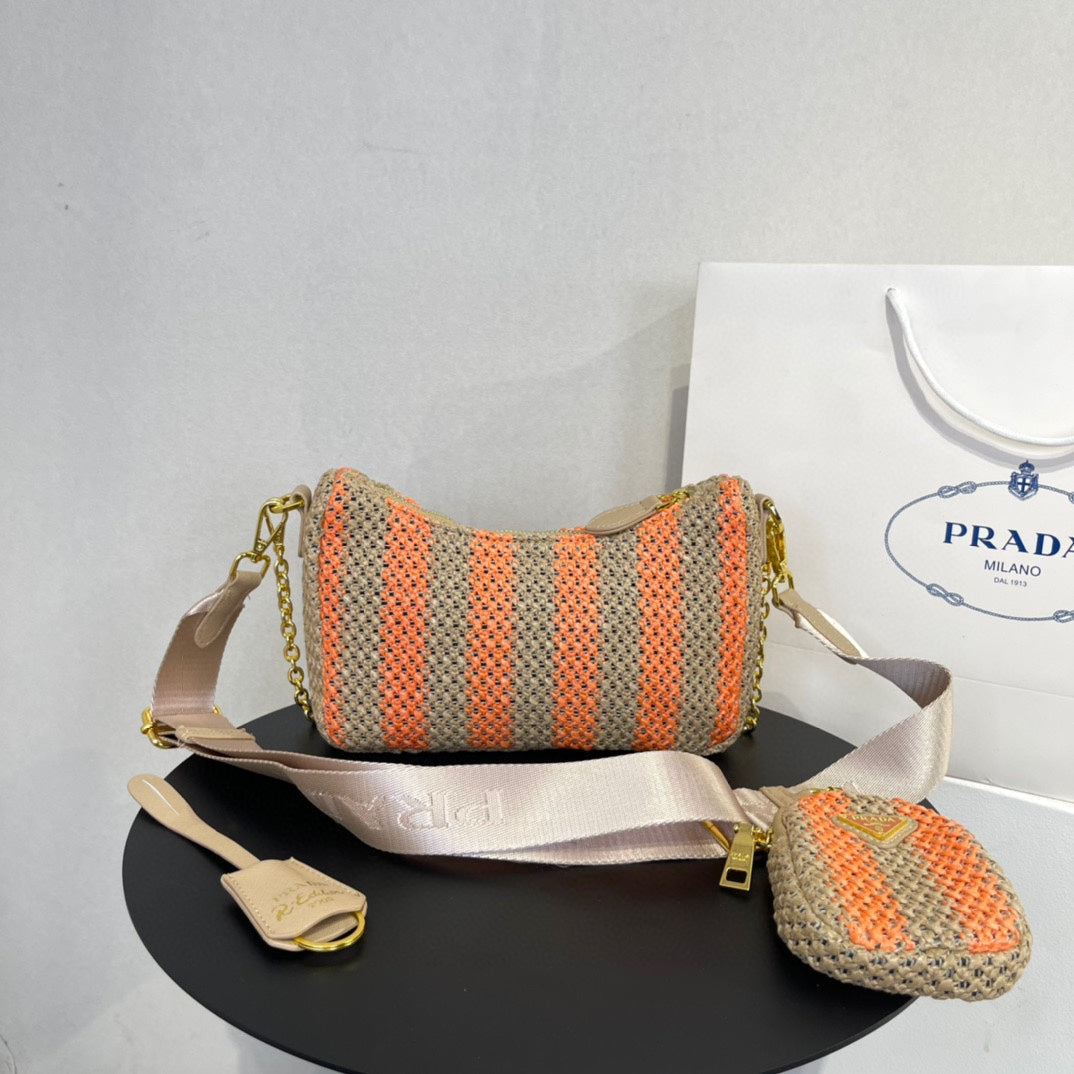 PRA HOBO BAG 23 IN BEIGE MIX ORANGE RAFFIA WITH WHITE LOGO GOLD HARDWARE