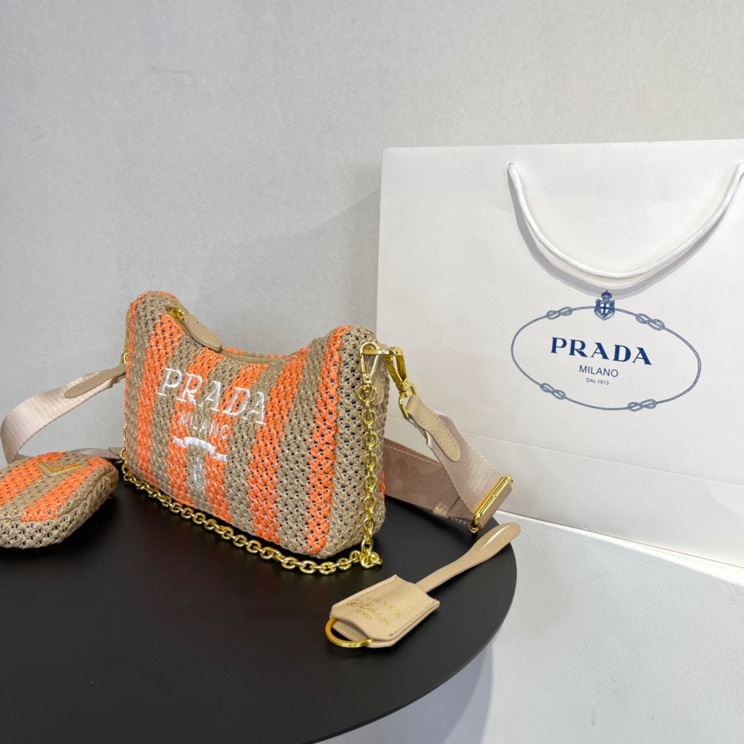 PRA HOBO BAG 23 IN BEIGE MIX ORANGE RAFFIA WITH WHITE LOGO GOLD HARDWARE