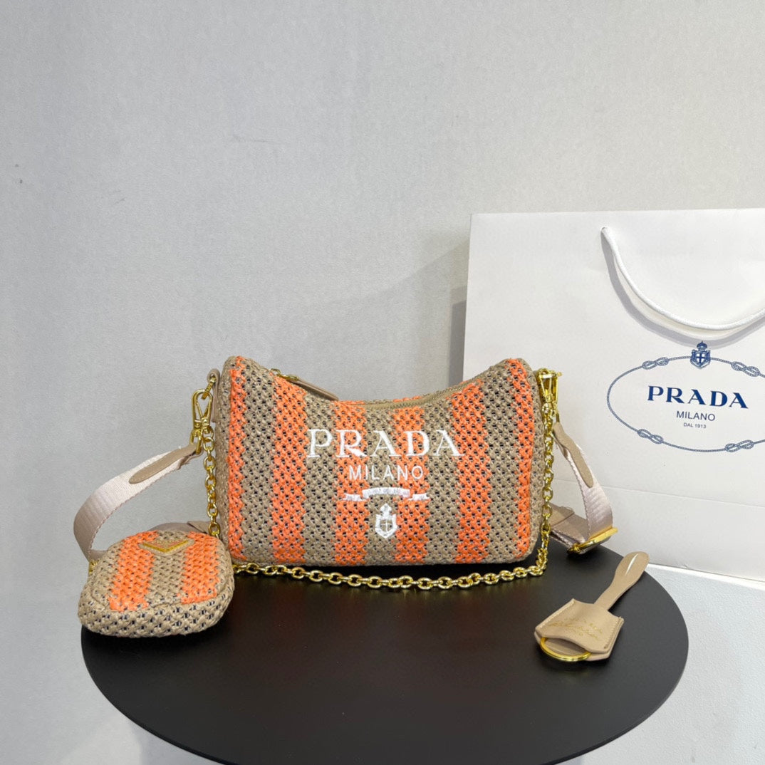 PRA HOBO BAG 23 IN BEIGE MIX ORANGE RAFFIA WITH WHITE LOGO GOLD HARDWARE